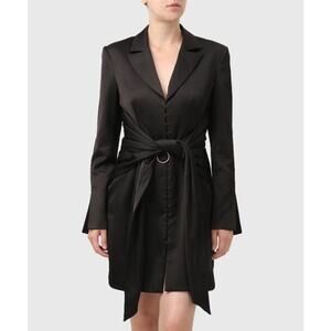 Misha Teagan Black Long Sleeve Blazer Collar Tie Waist Satin Mini Dress Size 10